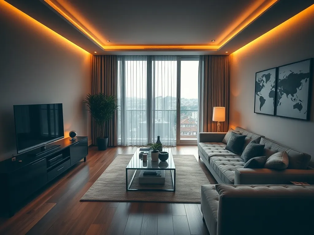 A modern, minimalist apartment living room in Budapest with